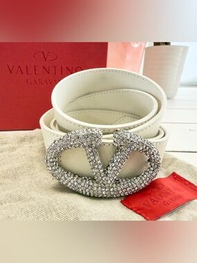 Valentino Garavani Ivory Leather Belt w Crystal V Logo Buckle